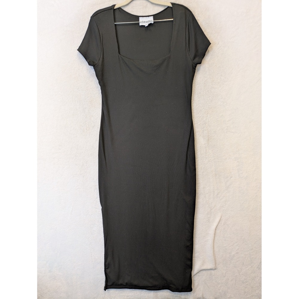 J For Justify Bodycon Dress Junior's XL Black Square Neck Side Slit Ribbed Midi